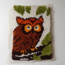 Vintage Latch Hook Rug Owl Finished 13x17 Retro Wall Hanging Decor MCM Hand Made