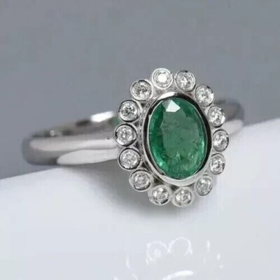 2.00 Ct Oval Cut Simulated Emerald Halo Engagement Ring 14k White Gold Plated