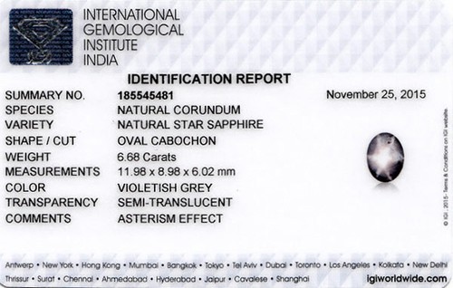 IGI Certified SRI LANKA Fancy Star Sapphire 6.68 Cts Natural Untreated Oval - Picture 4 of 4