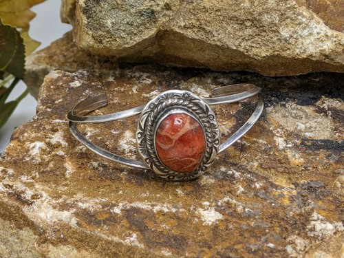 M. Christie Navajo Sterling Silver with a Red Sponge Coral Classic Cuff Bracelet - Picture 6 of 7