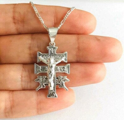 925 Sterling Silver Caravaca Cross Pendant with Figaro Chain Necklace 18''- ESN32