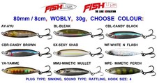 FISHUS WOBLY 80mm PLUG 8cm 30g SINKING RATTLING SEA FISHING LURE BASS PIKE SHADS