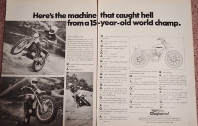 1975 Chaparral 2pg Motorcycle Print Ad Jackie Irons World Mini Cycle Grand Prix