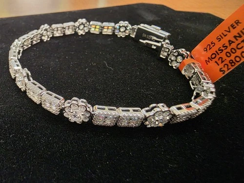 Moissanite Flower Square Tennis Bracelet Hip Hop Chain 925 Silver 12 CT