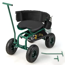 Rolling Garden Cart Outdoor Gardening Workseat w/Adjustable Height &Tool Storage