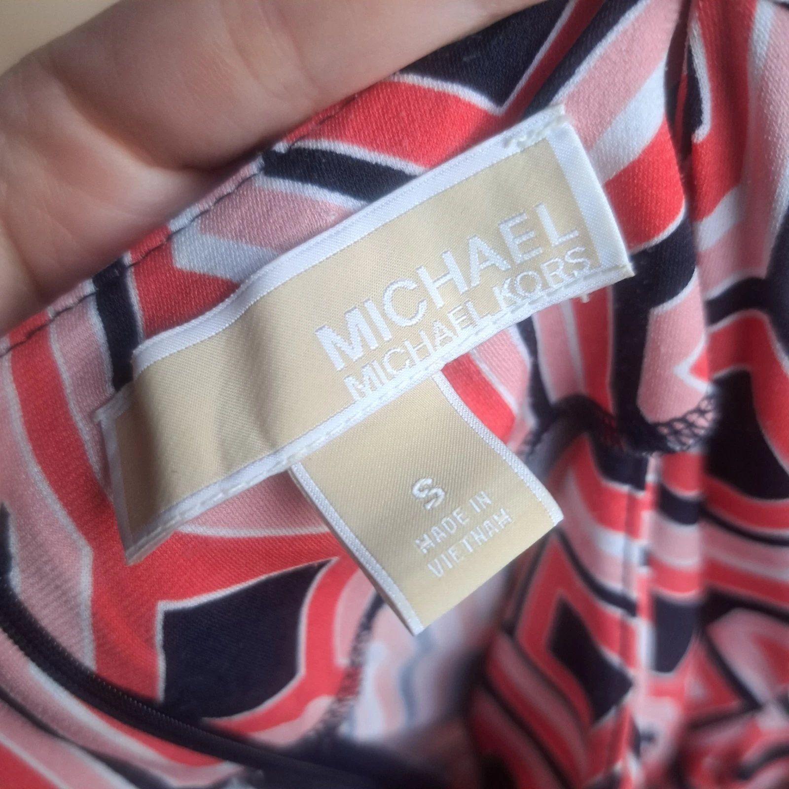 Abito tubino MICHAEL KORS piccolo rosa geometrico manica lunga jersey ispirato agli anni 70