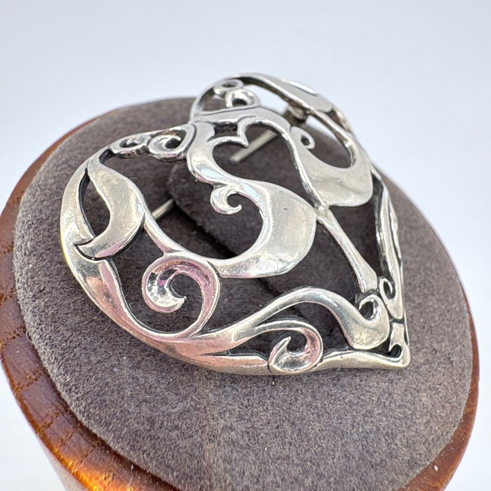 VTG Solid Sterling Silver 925 Scroll Filigree Hea… - image 2