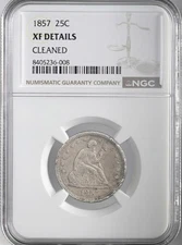 1857-P 25C SEATED LIBERTY QUARTER NGC XF DETAILS (HARSHLY)"CLEANED" #8405236-008