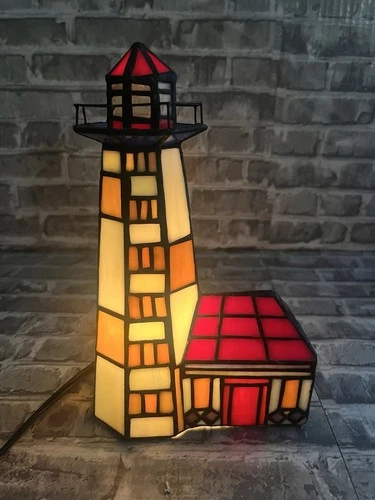 VTG Lighthouse Stained Glass Accent Lamp Nautical Beach 9.5” Tall Tiffany Style