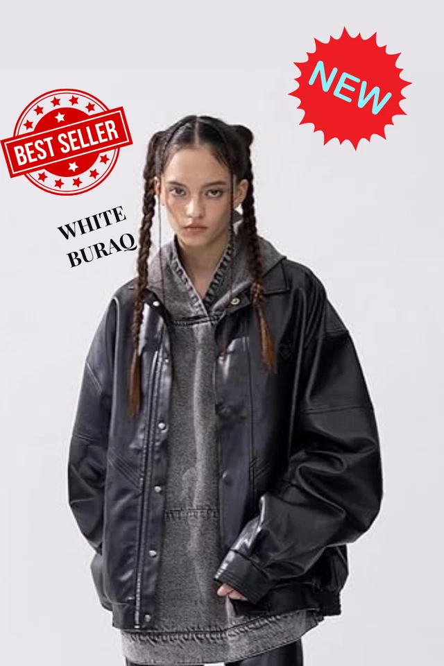 女式超大摩托车夹克-真牛皮,Y2K 轰炸机骑手