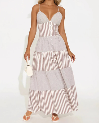 brown stripe maxi dress A-Line Casual Striped Maxi Dress with Shoulder Ties Khaki / Small