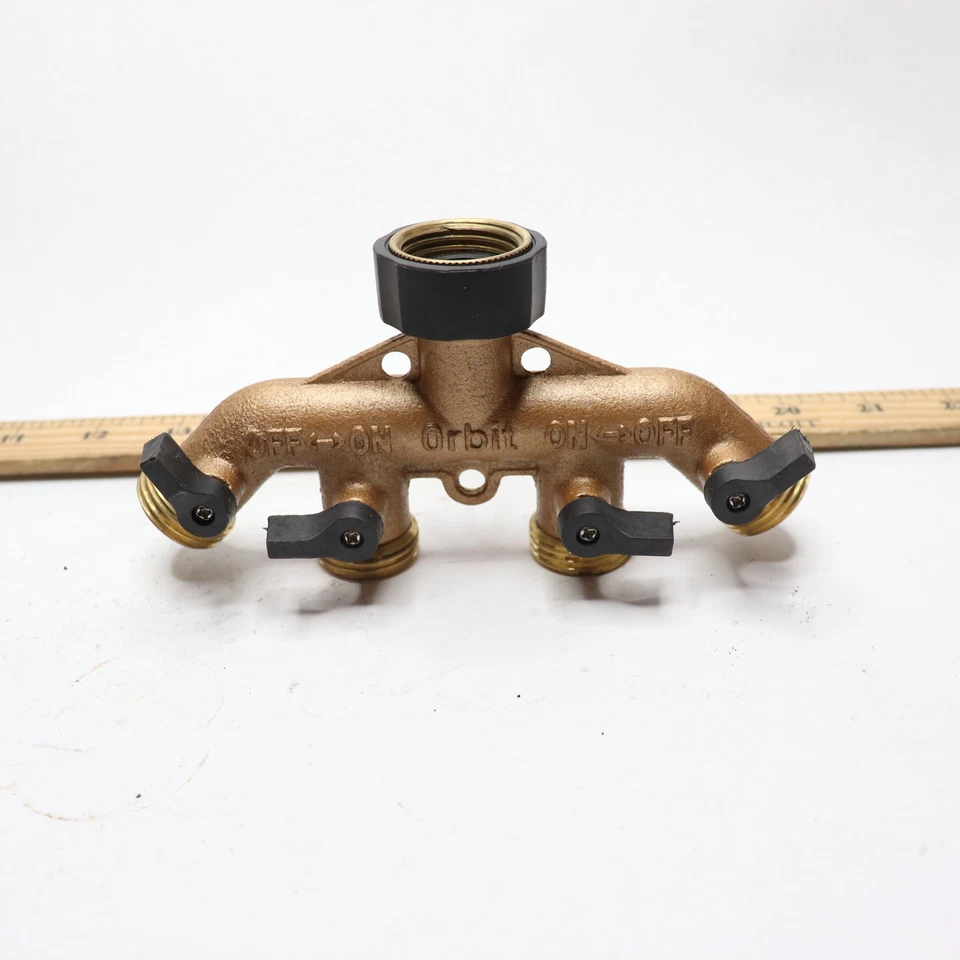 Divisor de grifo de manguera de agua Orbit latón 4 puertos 3/4" MNPT x 1" FNPT Foto 4 de 4