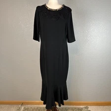 Teri Jon Rickie Freeman Flare Hem Long Maxi Dress Size 14 Black Ribbon Collar