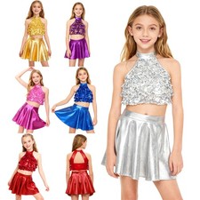 Kids Modern Dance Outfit Sequins Halter Tiered Crop Top Skirt Ballroom Dancewear