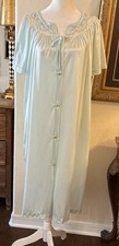 VTG L Carole Blue Nylon Button Front Robe Dressing Gown Lace Embroidered Yoke