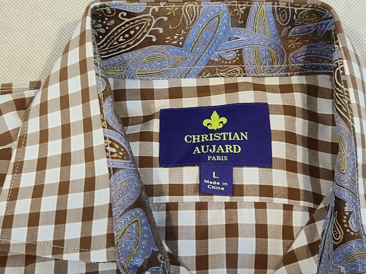 CHRISTIAN AUJARD PARIS LIGHT BLUE WHITE BROWN CHECKED FLIP CUFF LS  
