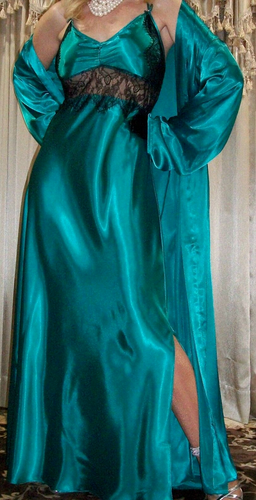 Vtg Emerald Green Black Lace Long Satin Nightgown Robe 1X XL