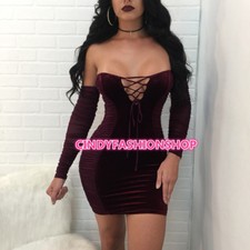 New Women Velvet Sexy Body con Ruched Off Shoulder Lace UP Club Party Mini Dress