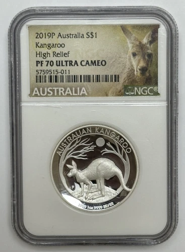 2019 P Australia HIGH RELIEF 1oz Silver Kangaroo $1 Coin NGC PF70. #7337
