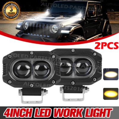 2PCS 4inch LED Cube Pods Work Light Bar Spot Driving Fog Amber Lamp Offroad SUV