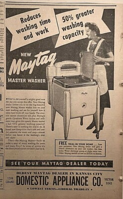 #ad 1940 newspaper ad for Maytag Master Washer Reduces washing time work $3.95