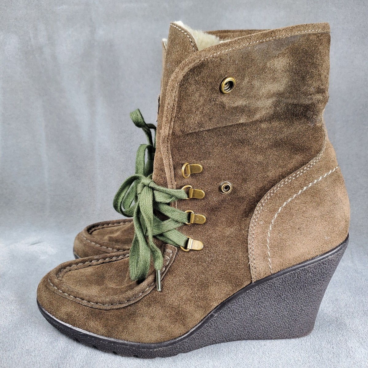 Nine West Boots Womens Brown Suede Sherpa Lace Up Button Down Lined Wedge  10 M
