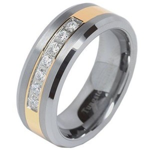 Authentic Mens Tungsten Ring Cz Inlay Gold Plated Titanium Color Wedding Band Beveled Edge