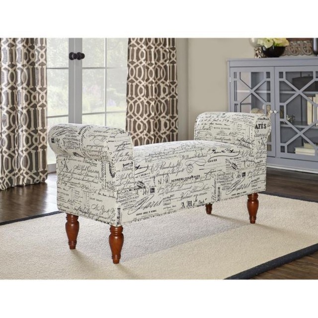 Upholstered Bench Wood Frame Plush Seat Dark Mahogany Bench