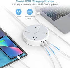 Round Compact Power Strip 4 AC Outlets & 3 USB Charging Ports ,Flat Plug 4.5ft