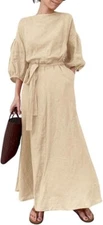 Women Elegant Long Dress Boat Neck 3/4 Lantern Sleeve Cotton Linen Dress w Belt