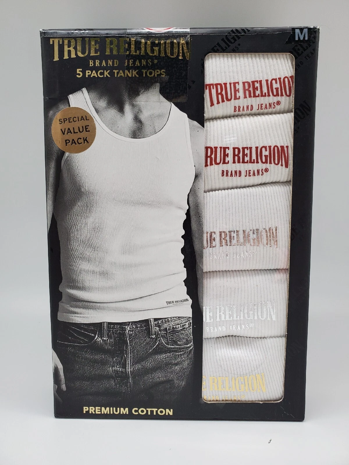 TRUE RELIGION 5-Pack Men's S M L XL White Premium Cotton Logo Ribbed Tanks