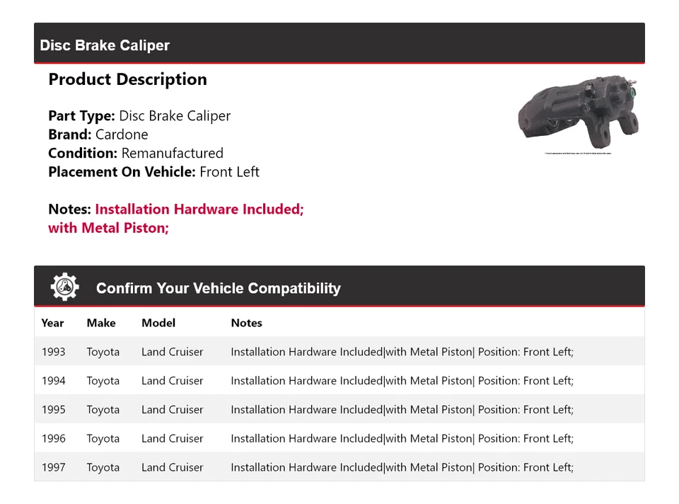 Pinza de freno de disco delantera izquierda cardone 1994 para Toyota Land Cruiser 1993-1997 Foto 2 de 4