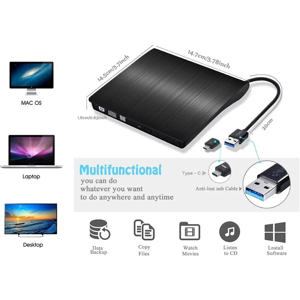 Unidad externa delgada de CD DVD RW USB 3.0 grabadora grabadora reproductor negro para computadora portátil PC Foto 3 de 4