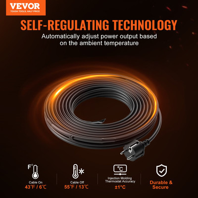 Self-Regulating Pipe Heating Cable 12FT 5W/FT Heat Tape with Built-In Thermostat