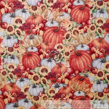 BonEful Fabric FQ Cotton Quilt VTG Orange Yellow Pumpkin Thanksgiving Sun Flower