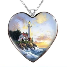 Landscape Lighthouse Glass Heart Shape Pendant Necklace Jewelry Men Women Gift