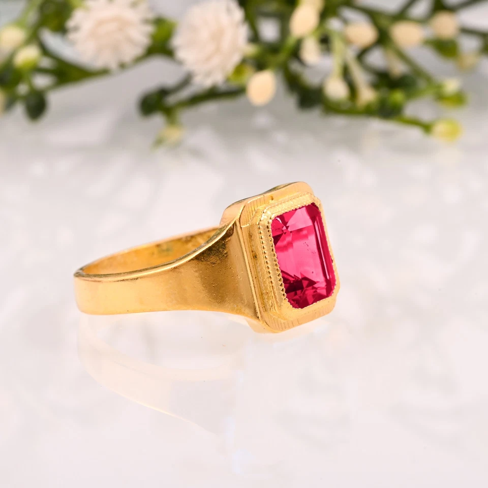 Anillo de oro amarillo macizo de 14K hecho a mano para hombre con piedras preciosas de rubí facetado natural Gif Foto 2 de 3