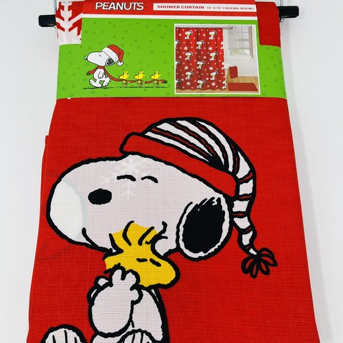 Peanuts Snoopy Shower Curtain 72”x72” Christmas Woodstock Red Snow Santa Hat NEW - Picture 2 of 6