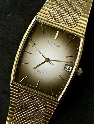 Vtg 1980 ACCURIST Men's 38mm Quartz Watch Date Gold Bracelet Brown Sunburst Dial