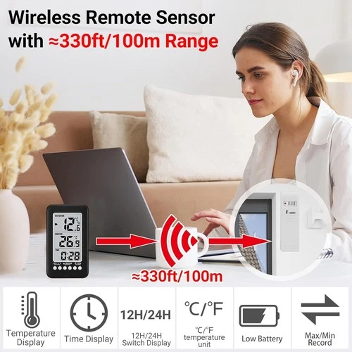 Wireless Indoor/Outdoor Digital Thermometer with Remote Sensor - LCD Temperature - Bild 4 von 10