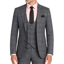 VINCI Men's Gray Plaid Super Stretch 3 Piece Slim Fit 1 Button Suit - NEW