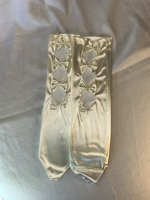 14'' Ivory Below The Elbow Fingerless Gloves Satin Stretch Bows Pearls