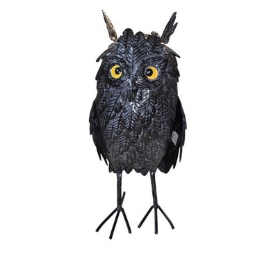 Black Metal Feathered Owl Sculpture Figurine Yellow Eyes Tabletop Yard Decor