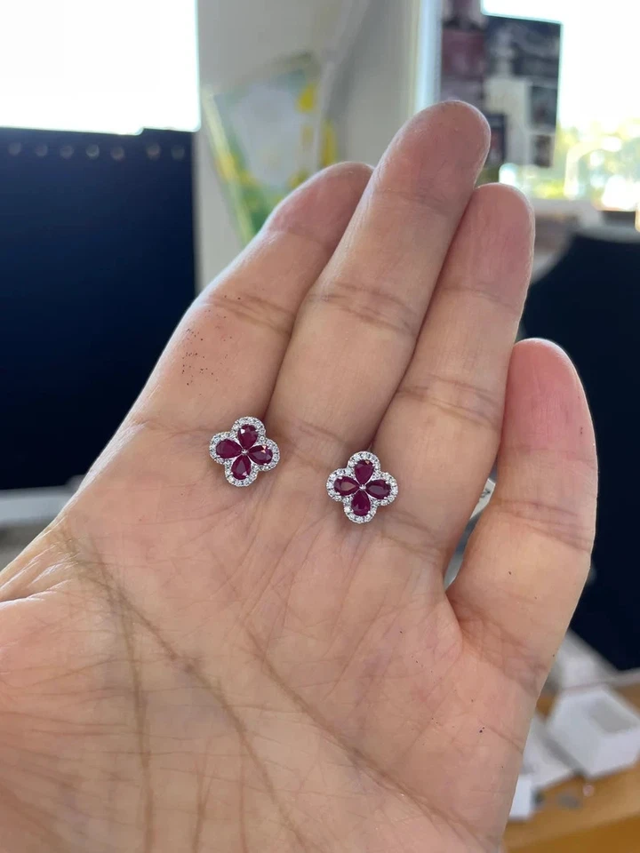 1.25Ct Round Cut Lab-Created Red Ruby Flower Stud Earrings 14K White Gold Plated - Image 2 of 4