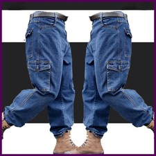 Men Cargo Jeans Heavy Duty Work Denim Pants Combat Straight Trousers Casual Blue