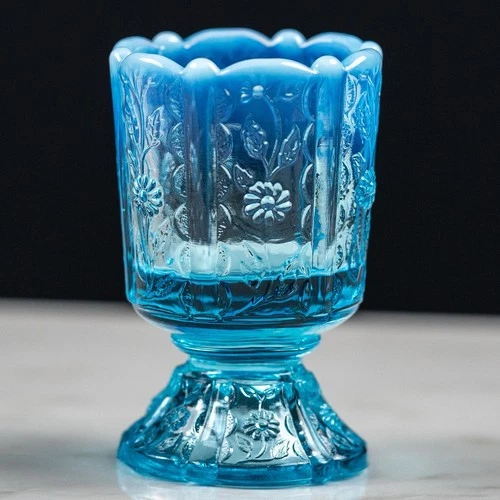 Vintage Fenton Aqua Blue Opalescent Glass Paneled Daisy Toothpick Votive Holder