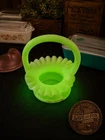 Fenton Trellis Basket Custard Vaseline Glass Hand Painted Flowers Signed GLOWS