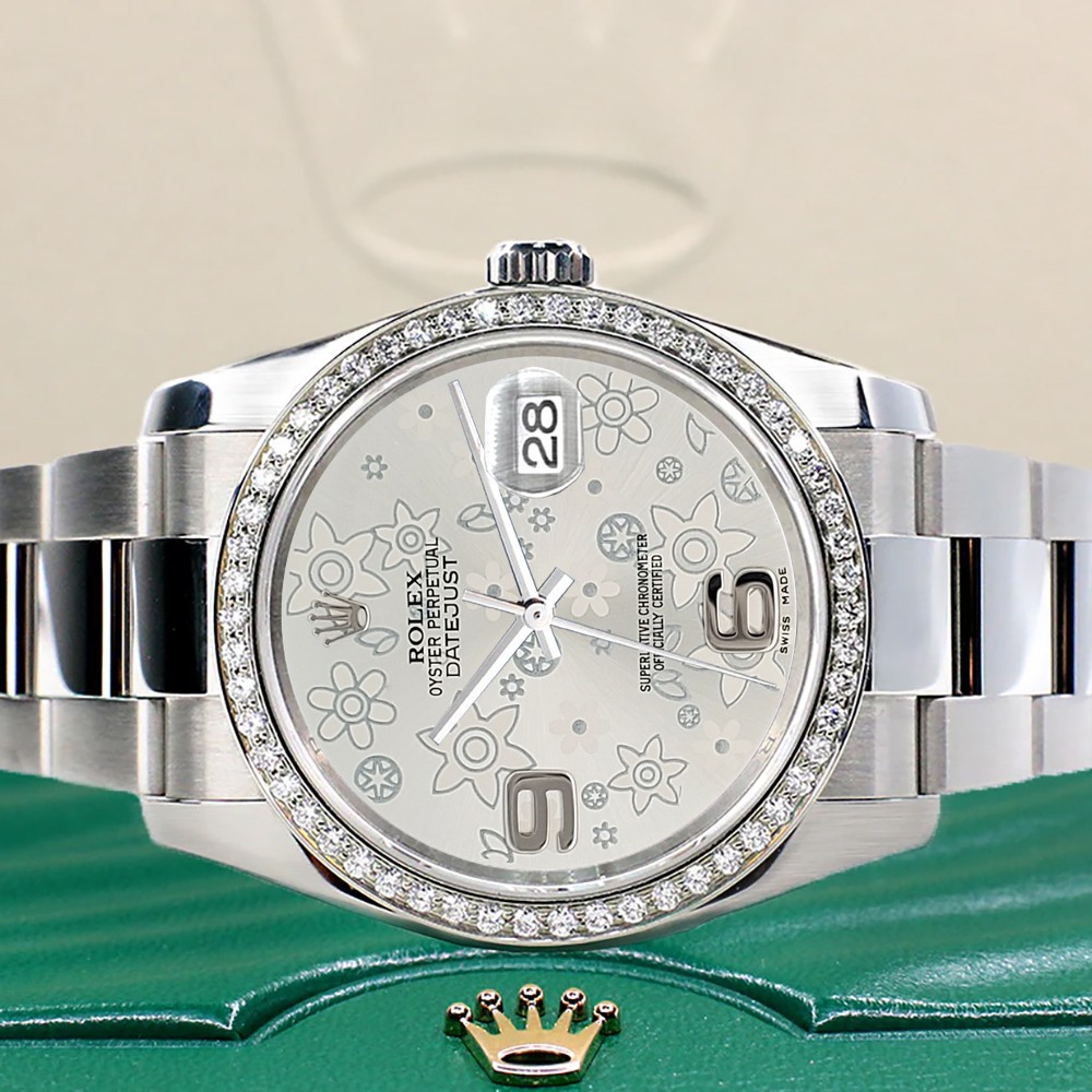 Rolex Datejust 36mm Silver Floral Oyster Watch custom VS1 Diamond Bezel 116200 image 3