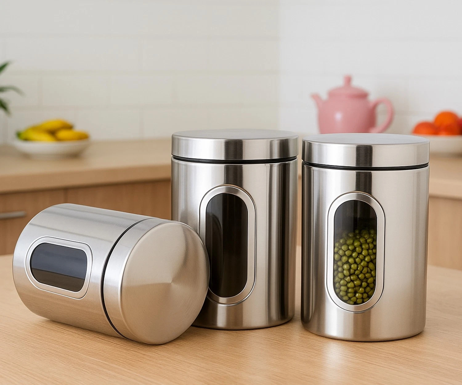 Stainless Steel Kitchen Canisters Set Tea Coffee Sugar Storage 3x Jars with Lids