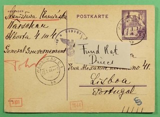 DR WHO 1944 POLAND POSTAL CARD WWII CENSORED WARSAW TO PORTUGAL R76340